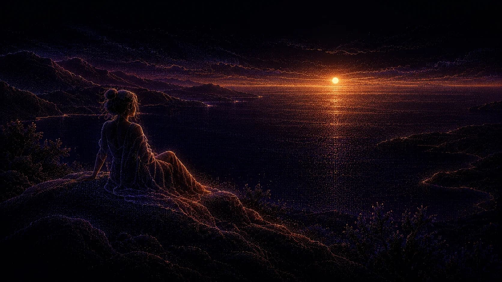 Woman drawn in particle light sitting on a hillside at dusk, looking out over the ocean toward the setting sun