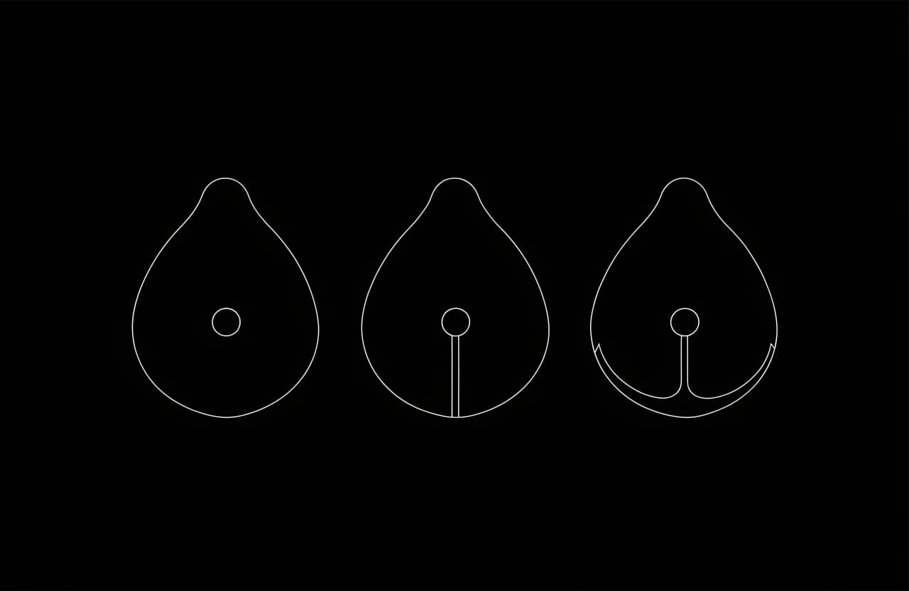 Diagram of 3 common breast reduction incision patterns: around the areola, around the areola with a vertical line to the breast crease, and the anchor pattern adding a curved line along the breast fold
