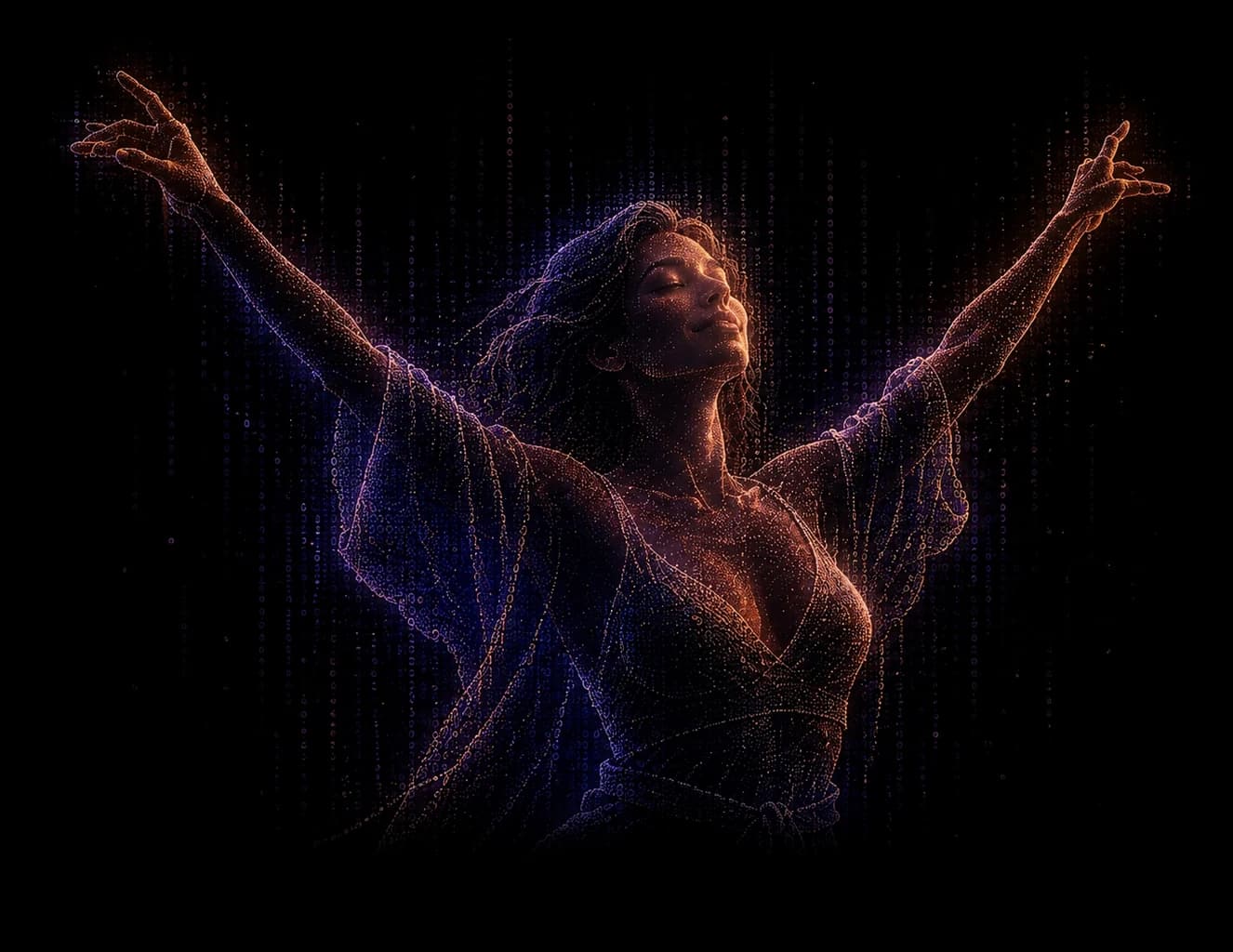 Woman drawn in particle light with her arms spread wide in joy, fully recovered a year after breast reduction