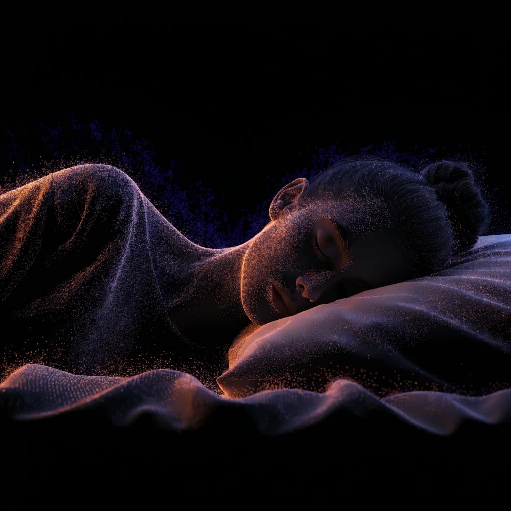 Woman drawn in particle light resting asleep on a pillow in the first week of breast reduction recovery