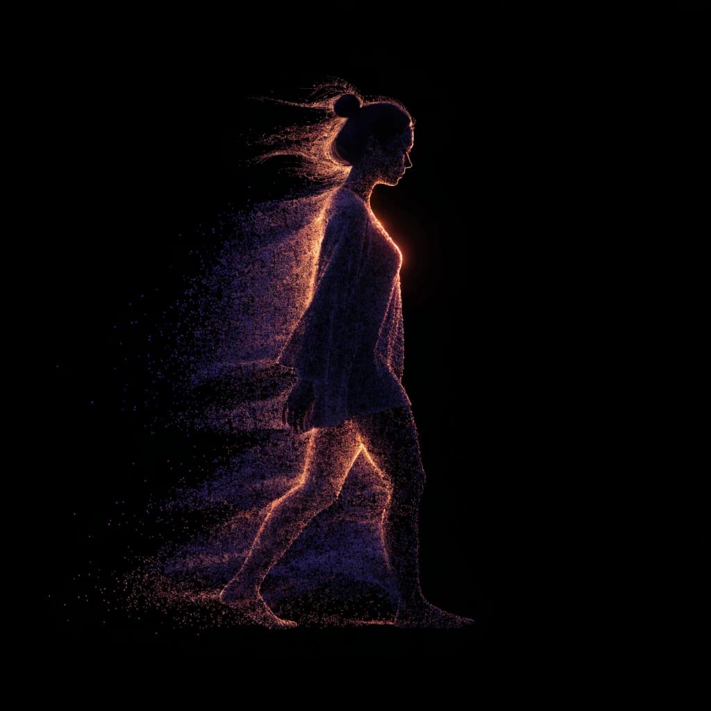 Woman drawn in particle light walking again in the weeks after breast reduction surgery