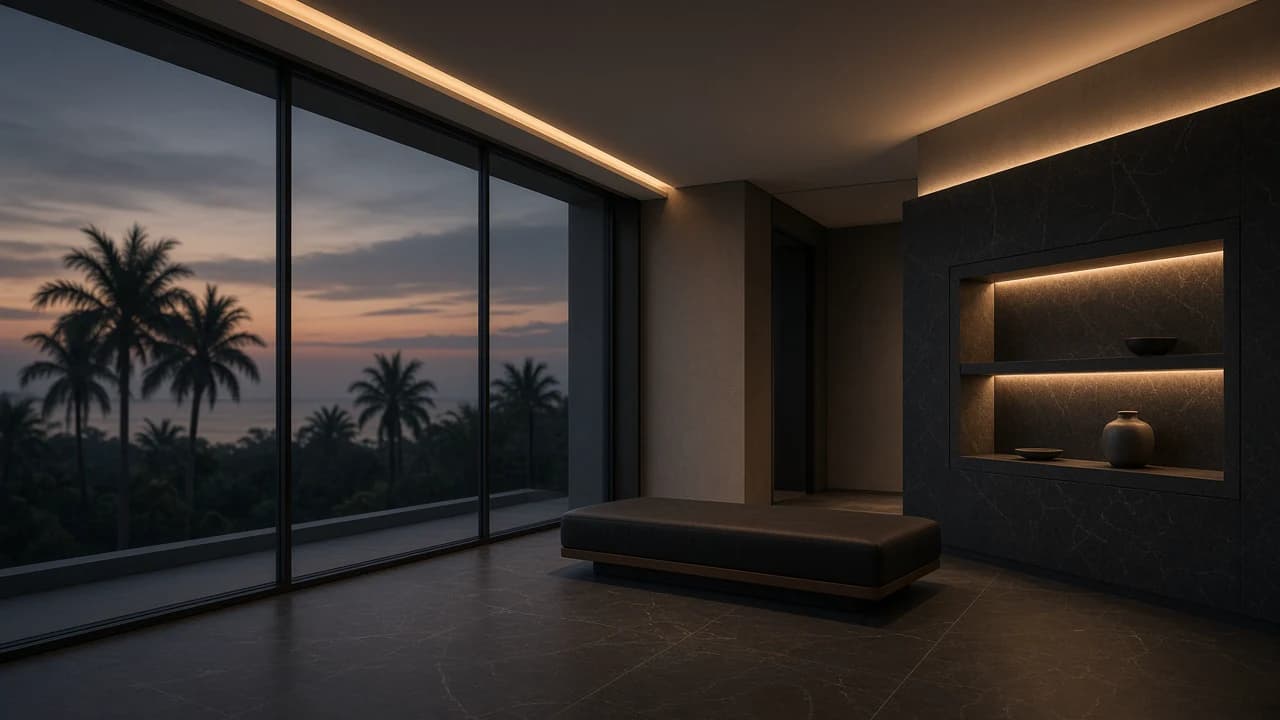 A dark interior at dusk, palms outside the windows