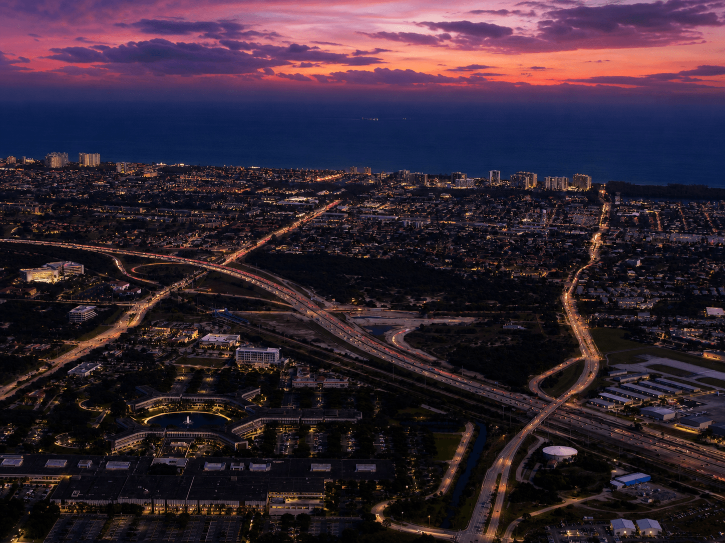 Aerial view of North Boca Raton, Florida with the Atlantic coastline in the distance
