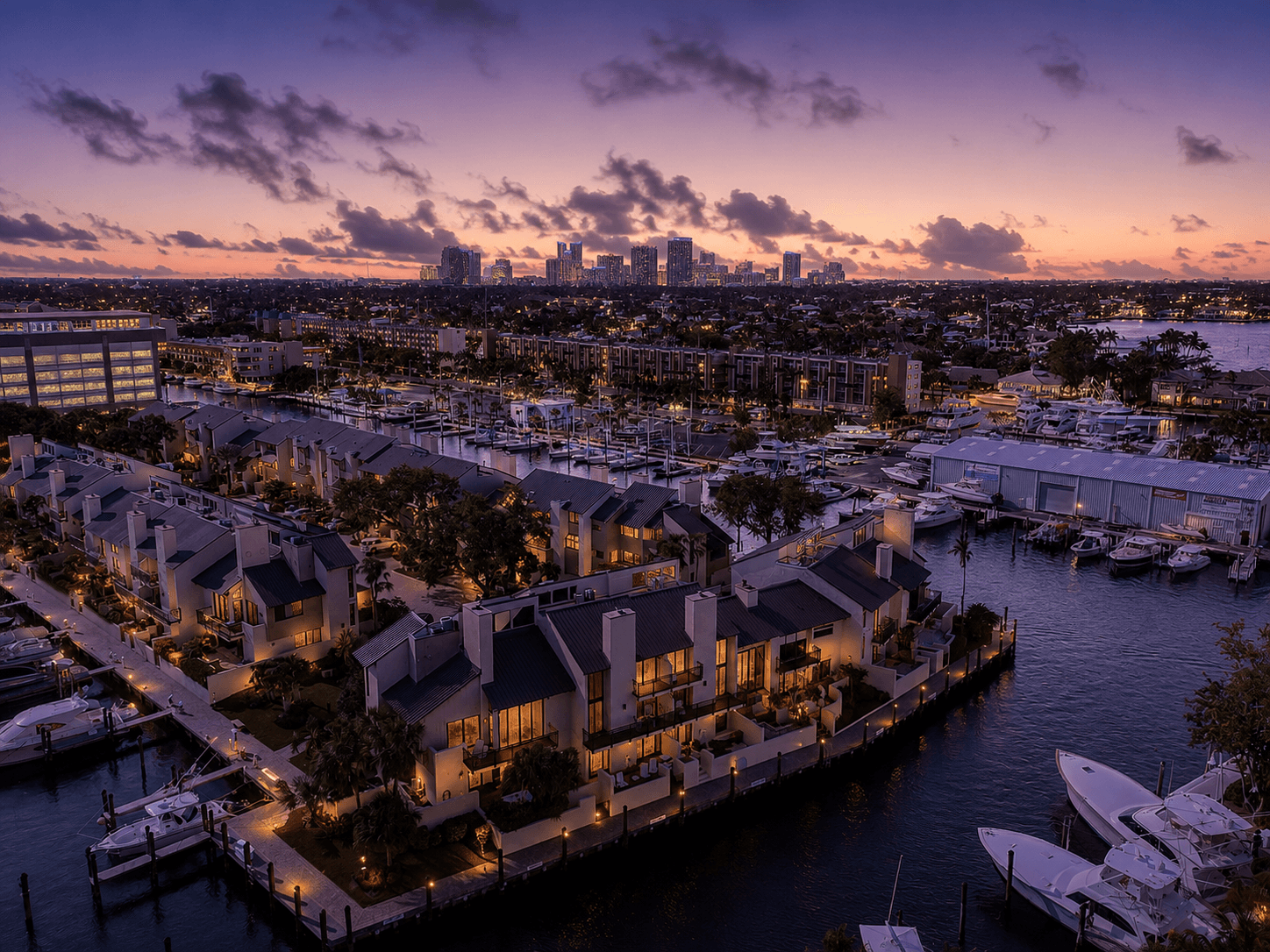 Fort Lauderdale coastal area with boats, waterways, and the downtown skyline