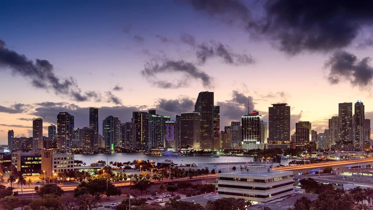 Miami skyline at sunset across the water
