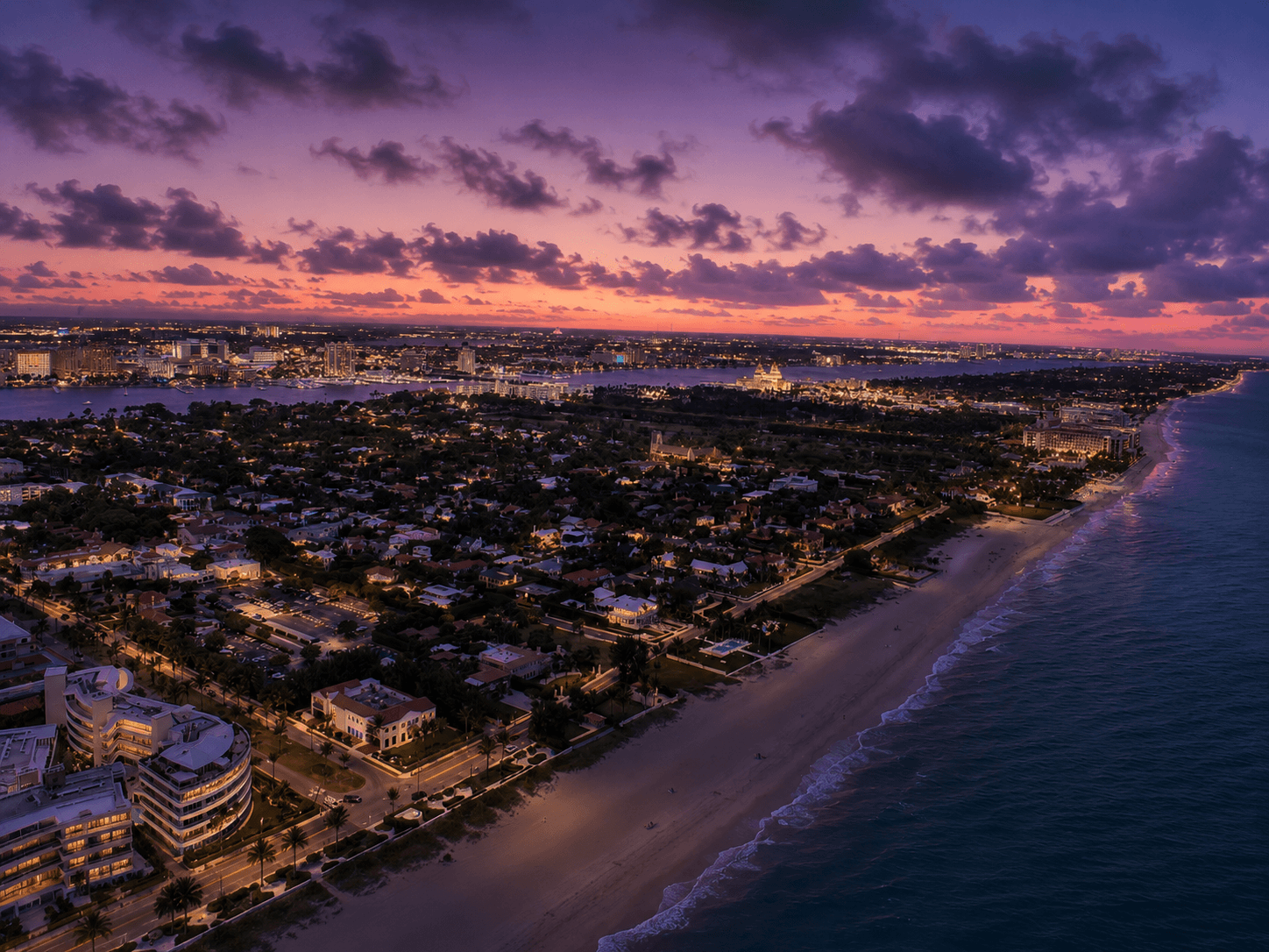 Aerial view of Palm Beach, Florida with the Atlantic shoreline and Lake Worth Lagoon